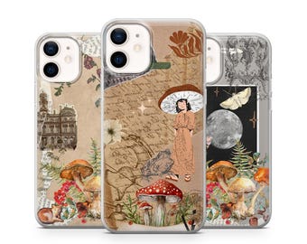 Funda para teléfono botánica con diseño de hongos estilo Cottagecore, con un diseño de bosque caprichoso