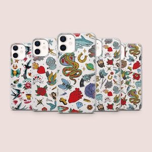Coque de portable tatouage old school pour iPhone 16E, 15, 14, 13, 12 Samsung S25, S24Fe, S23Ultra, A56, A15 Pixel 9A, 9Pro XL, 8A, 8Pro, 7A, 6A