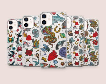 Funda de teléfono con tatuajes de la vieja escuela para iPhone 17Pro, 16E, 15, 14, 13, Samsung S25, S24Fe, S23, A56, A15, Pixel 10Pro XL, 9A, 8A, 8Pro, 7A, 6A