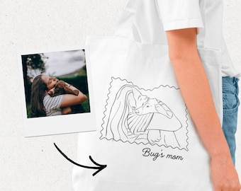 Bolsa de mano personalizada con dibujo lineal de mamá perruna / Bolsa de algodón personalizada / Bolsa minimalista con dibujo lineal / Bolsa reutilizable de regalo personalizada