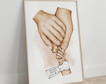 Póster familiar con anuncio de bebé: manos de padres con huella de bebé. Póster impreso y enviado. Regalo para recién nacidos.