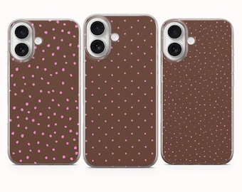 Funda moderna marrón con lunares para iPhone 17 Pro, 16E, 15, 14, 13; Samsung S25, S24Fe, S23, A56, A15; Pixel 10 Pro XL, 9A, 8A, 8 Pro, 7A, 6A