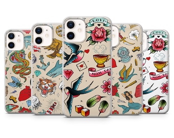 Tattoo Old school Phone Case for iPhone 15, 14, 13, 12, 11, Samsung S24Ultra, S23FE, S22, A15, A54, A25, A14, Pixel 8A, 8Pro, 7A, 7Pro, 6A