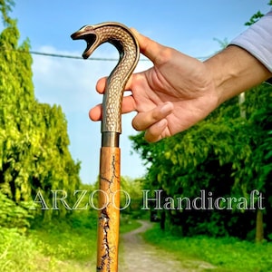 Brown Antique Cobra Snake Brass Handle Walking Cane - Wooden Walking Stick Gift For Dad - Victorian Mobility Aid Cane For Men - Folding Cane