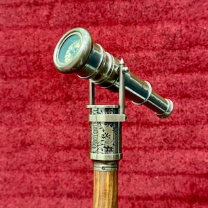 Engraved Brass Handle Walking Stick With Telescope Top ON Compass & Clock | Spyglass Walking Cane | 1920 Dollond London Victoria Hiking Cane