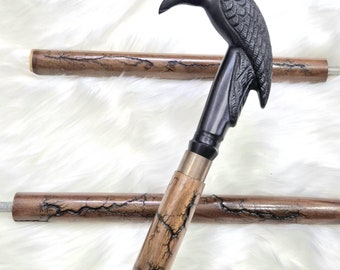 Black Raven Handle Walking Stick: Carved Wooden Cane, Brass Victoria Style