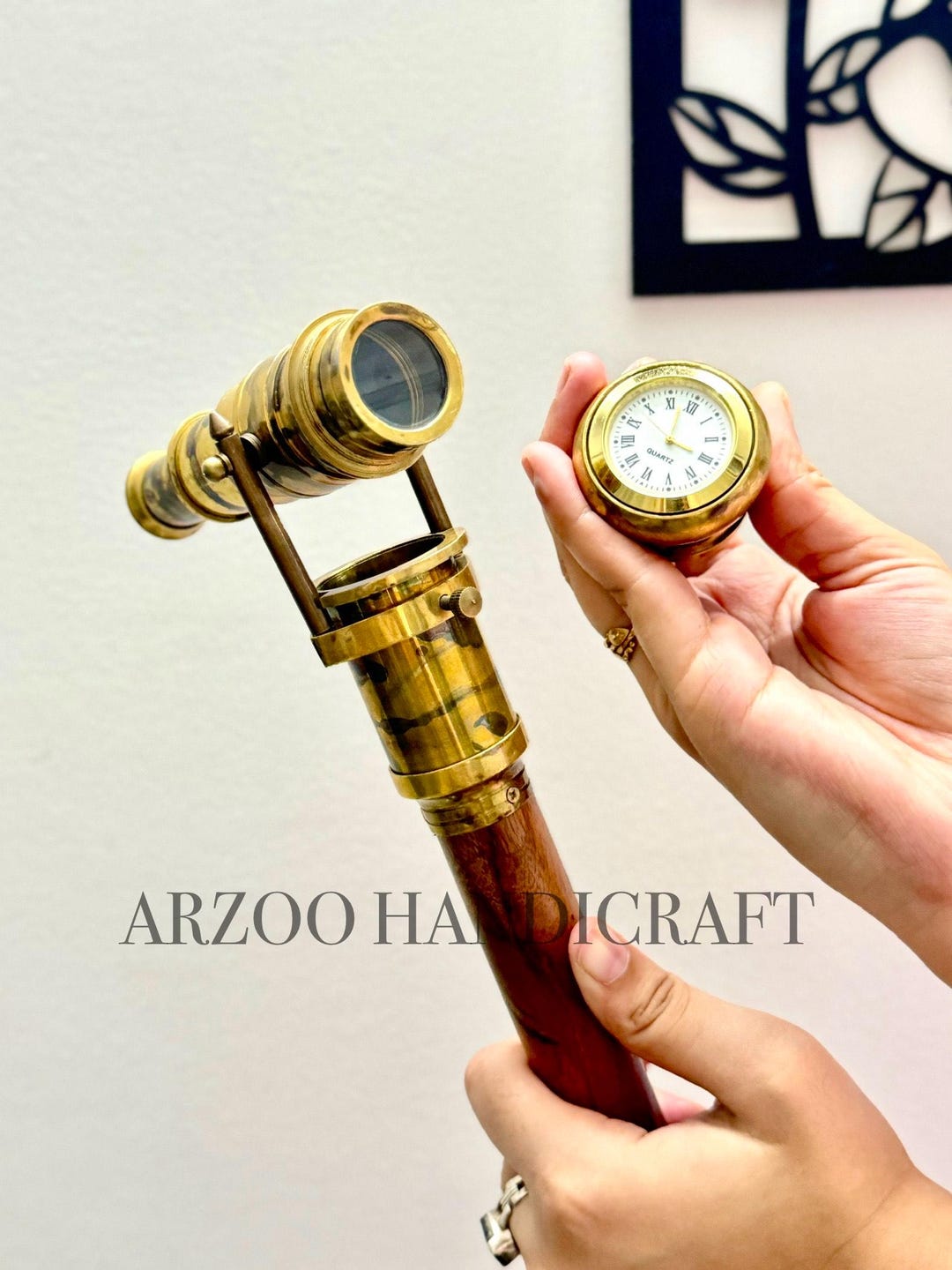 Antique Finish Victorian Walking Stick With Telescope Clock