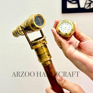 Antique Finish Victorian Walking Stick With Telescope Clock, Walking Cane For Men, Clock On Top Telescope Steampunk Stick For Dad Gifts