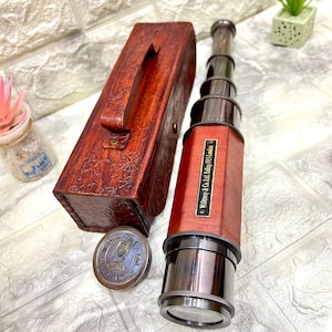 Black Antique Finish Working Brass Telescope With Leather Cover, Personalized Pirates Telescope, Engraved Spyglass Collectible Gift For Men
