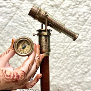 Brass Telescope Walking Cane with Compass: Wooden Mobility Aid