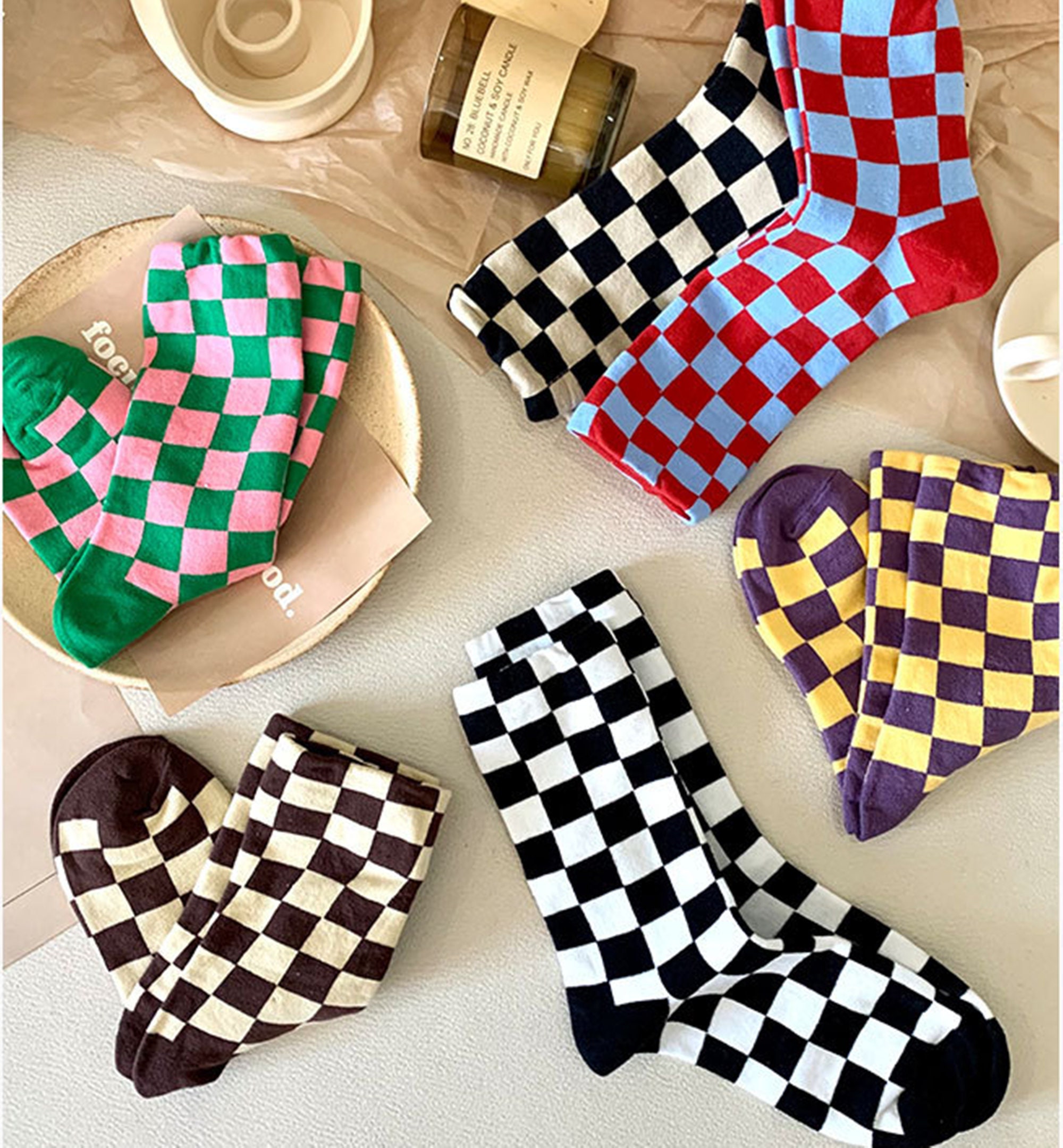 Japanese Style Colorful Checkerboard Socks Plaid Socks 