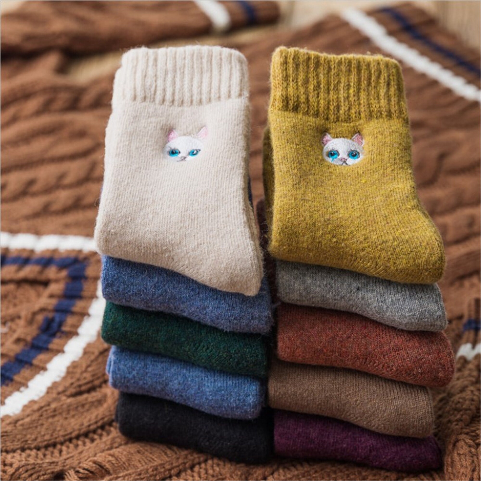 Warm Fluffy Embroidered Cat Socks One Size High Quality Women Etsy