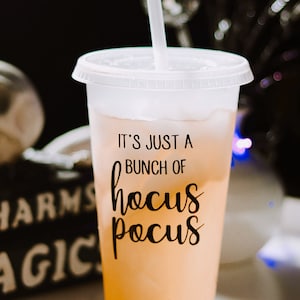 Reusable Party Cup w/ Hocus-Pocus Halloween Theme Cup - Clear 16oz or 24oz Halloween Decor Cup w/ Customized Tumbler