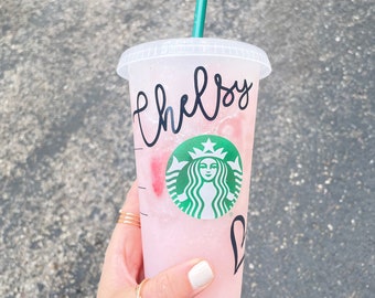 Personalized Starbucks Cold Cup w/ Heart - Venti 24oz Size Iced Coffee Cups - Reusable Frosted Cup with Lid & Green Straw - Custom Tumbler