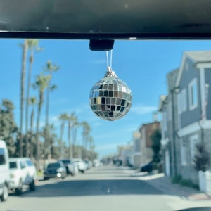 Silver Disco Ball Car Hanging Rear View Mirror Accessory | Disco Ball Groovy Boho and Cute Car Rear View Mirror Charm Stocking Stuffer