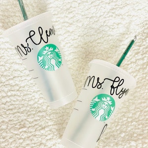 Personalized Starbucks Cold Cup w/ Heart Venti 24oz Size Iced Coffee Cups Reusable Frosted Cup with Lid & Green Straw Custom Tumbler image 4