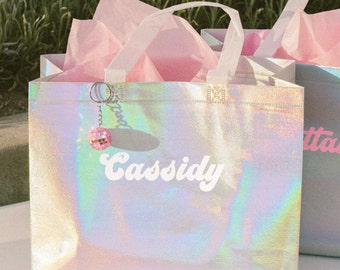 Retro Holographic Gift Bag Tote Bag Welcome Bachelorette Party Bag Personalized Girl Bags Beach Gift Bags Bridesmaid Bag Gift Bag with Name