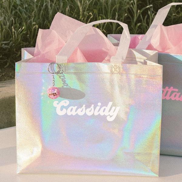 Retro Holographic Gift Bag Tote Bag Welcome Bachelorette Party Bag Personalized Girl Bags Beach Gift Bags Bridesmaid Bag Gift Bag with Name