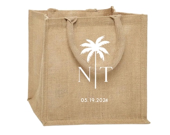 Custom Design Wedding Palm Tree Beach Bag Personalized Burlap Bags Beach Tote Welcome Bags for Wedding Guests Beach Bag Gift Tote (T206)