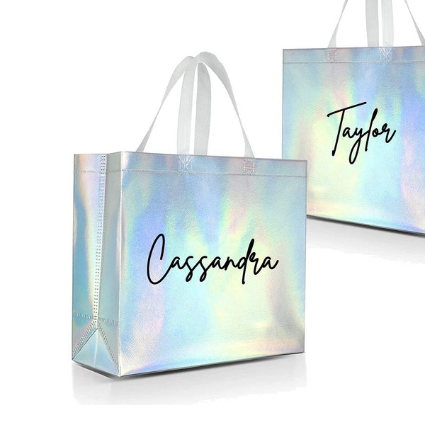 Calligraphy Holographic Gift Bag Tote Bag Welcome Bachelorette Party Bag Personalized Girl Bags Gift Bags Bridesmaid Bag Gift Bag with Name