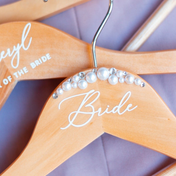 Personalized Bride Hanger with Pearls and Rhinestones Wedding Dress Hanger Wood Bridal Hanger Wedding Gift from Bridesmaid