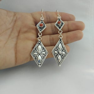 Tuareg Silver Dangle Earrings: Moroccan Berber Coral Jewelry