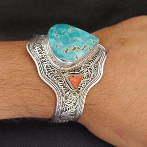 Tibetan Bracelet Silver Turquoise Coral Cuff Nepalese Bangle Vintage Handmade Tribal Ethnic Nepal Jewelry Antique Himalayan Gift for her