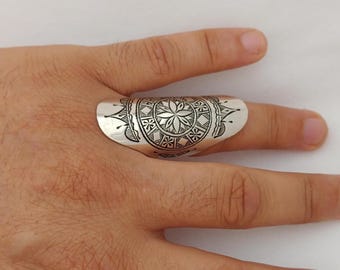 Moroccan Ring Silver Handmade Tuareg Rings Long Engraved Berber Tribal Ethnic African Shield