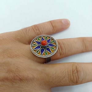 Enamel Berber Ring: Sterling Silver, Coral, Size 8
