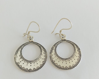 Tuareg Earring Sterling Silver Circle Engraved Hoop Moroccan Earrings Dangle Jewelry Berber  Handmade Traditional Hook African Handcrafted