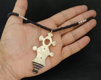 Vintage Tuareg Halskette Metall Ebenholz: Kreuz Anhänger Schwarz Perlen African Tribal Handmade Ethnic