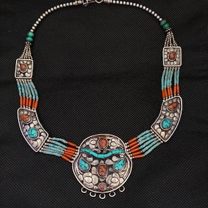 Tibetan Necklace Silver Coral Turquoise Colorful Stone Inlaid Nepalese Vintage Tribal Ethnic Handmade Beads Antique Himalayan Gift for Her
