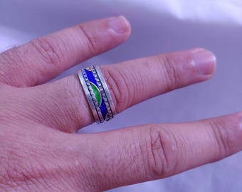 Anillo bereber de plata esmaltada, estilo cabilio, joyería étnica tribal africana vintage marroquí hecha a mano.