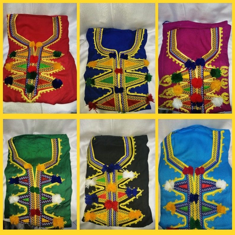 May include: Six different embroidered tops with colorful geometric patterns and pom-poms. The tops are in red, blue, pink, green, black, and light blue.