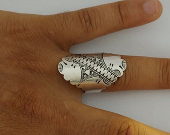 Moroccan Ring Silver Handmade Tuareg Rings Long Engraved Berber Tribal Ethnic African Shield