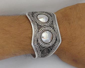 Moroccan Bracelet Silver Berber Cuff: Engraved Tuareg Bangle, Adjustable Tribal Handmade African Ethnic Tuareg