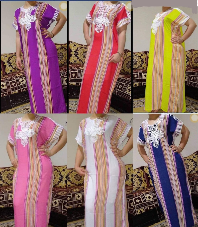May include: Six long-sleeved striped dresses with white embroidery on the neckline. The dresses are in various colors, including purple, red, yellow, pink, white, and blue.