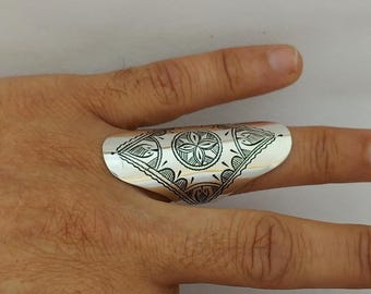 Moroccan Ring Silver Handmade Tuareg Rings Long Engraved Berber Tribal Ethnic African Shield