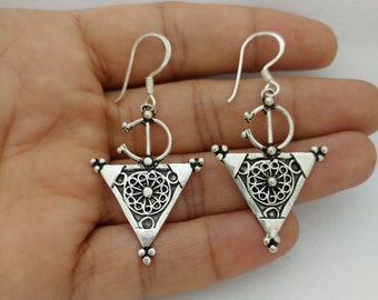 Moroccan Large Earring Silver Berber Tazerzit Dangle Jewelry Vintage Tuareg Handmade African Artisan Tribal