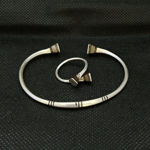 Moroccan Tuareg Bracelet With Ring Silver Ebony Cuff Bangle Handmade Adjustable Tribal Carved Wood African Touareg Boho Gift Hyppy Sterling