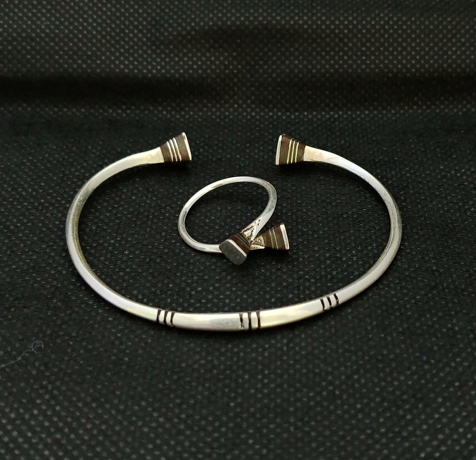Moroccan Tuareg Bracelet With Ring Silver Ebony Cuff Bangle