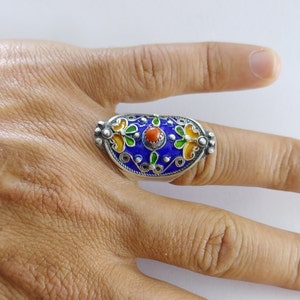 Berber Enamel Sterling Silver Ring: Adjustable Ethnic Moroccan Jewelry
