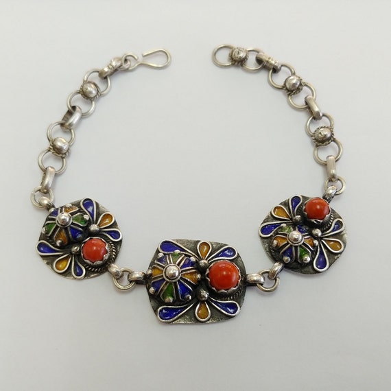 Bracelet En Argent Vintage Berbère Kabyle - Émaillé Corail - Bijou Ethnique Ancien - Occasion