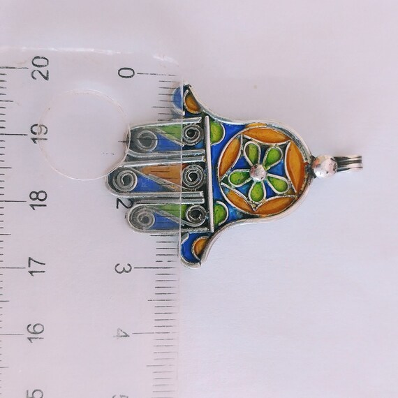 Enamel Hamsa Pendant Silver Berber Moroccan,Kabyl… - image 3