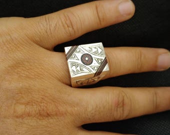 Tuareg Ring Sterling Silver Ebony Vintage Engraved African Tribal Handmade Ethnic Boho Size 10.5