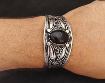 Marockanskt armband Berber Silver Manschett: Antik agatsten Tribal armband Tuareg Handgjort justerbart etniskt