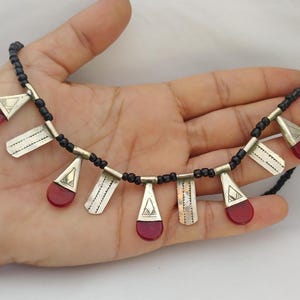 Tuareg Berber Necklace: Metal, Agate, and Maroon Beads