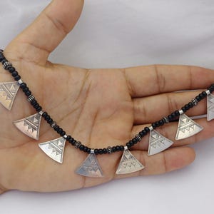 Tuareg Necklace Silver African Tribal,Vintage Beads Stone Black Pendant Ethnic Moroccan Jewelry Niger,Antique Berber Handmade, Gift For Her