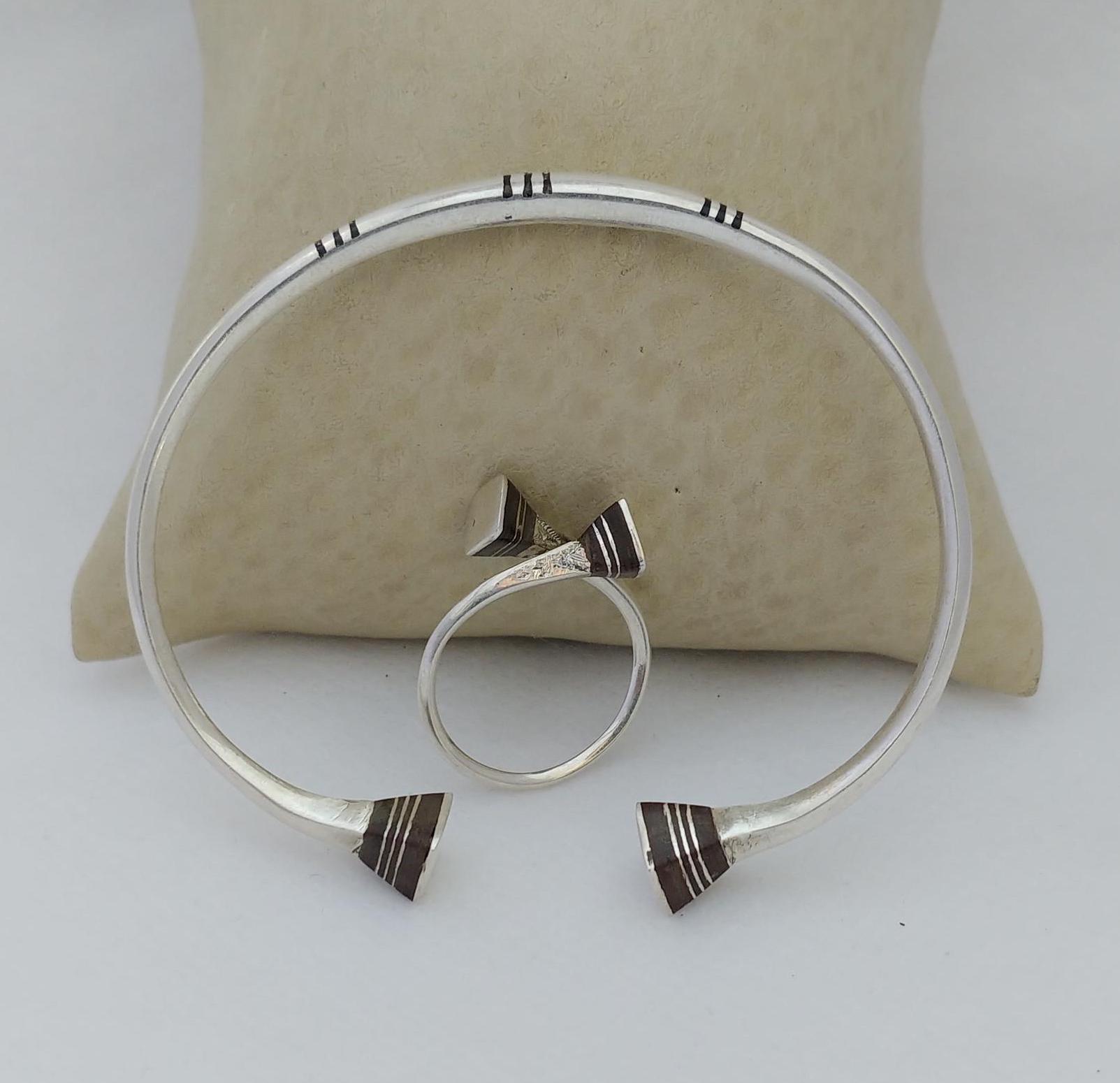 Moroccan Tuareg Bracelet With Ring Silver Ebony Cuff Bangle