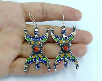 Colored Fibula Ethnic Tribal African Silver Moroccan Enamel Earrings Colored Berber Multi Large with Genuine Coral